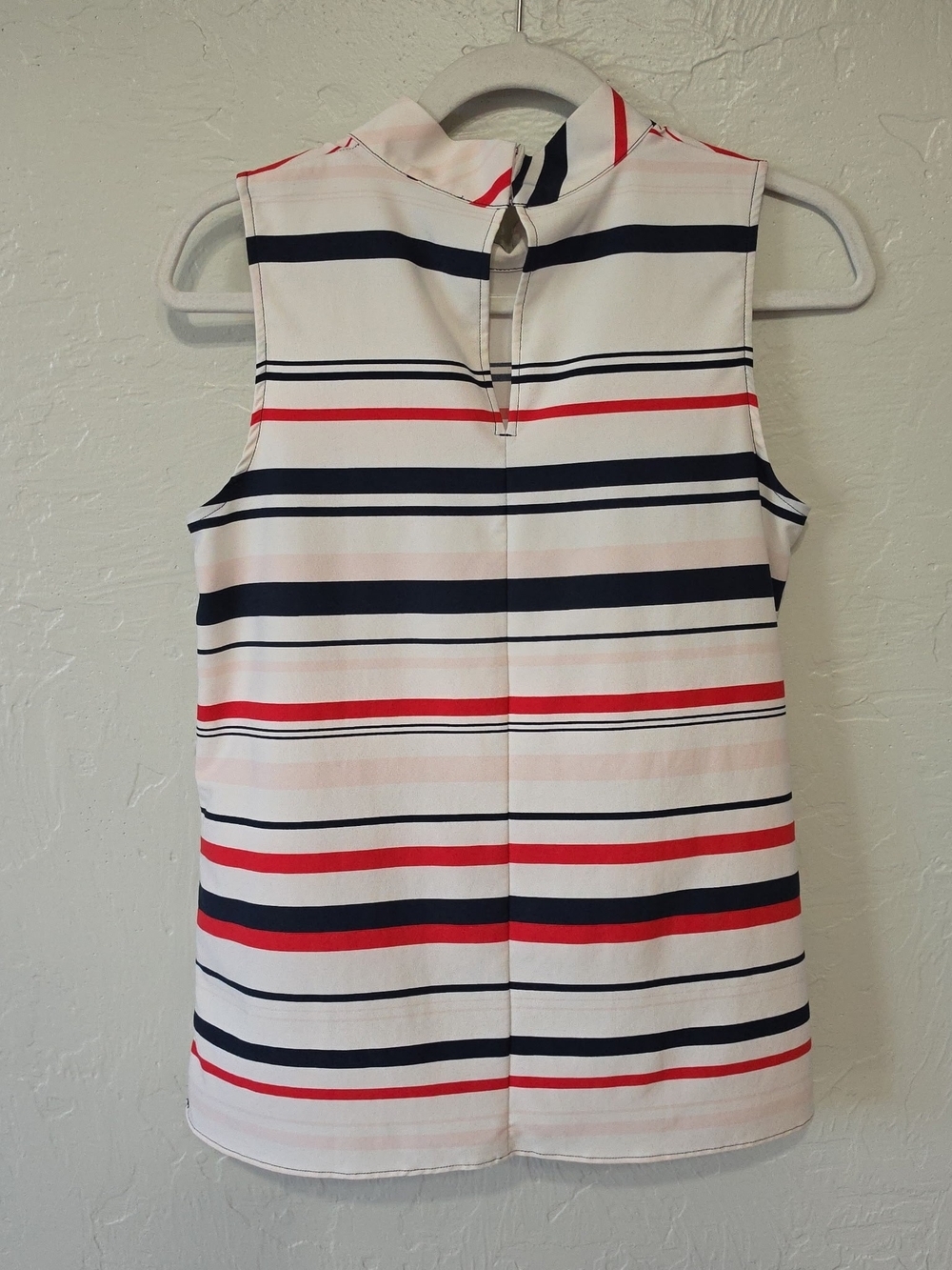 Ann Taylor Striped Mock Neck Sleeveless Tank in White, Navy & Red - Picture 2 of 3